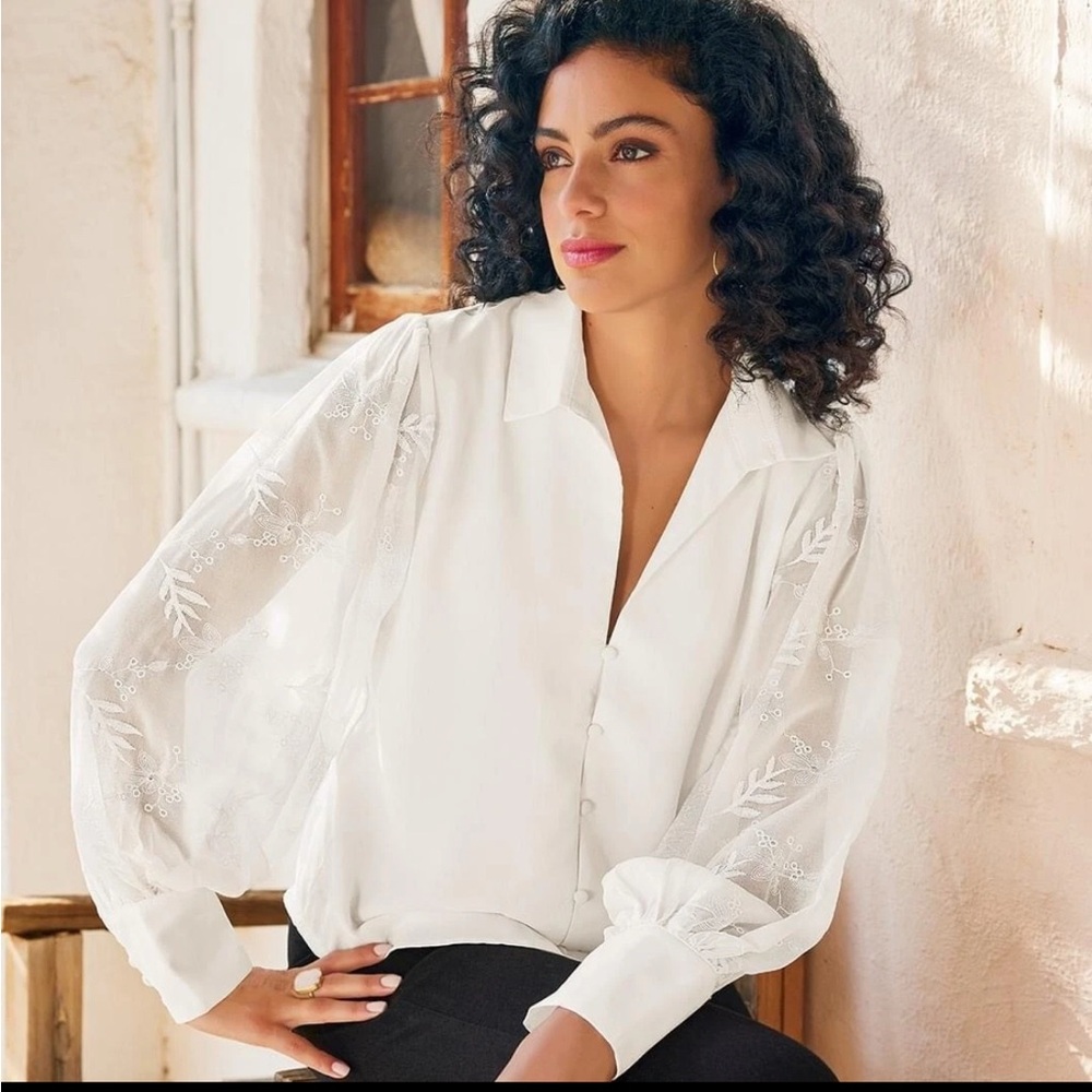 Soft Surroundings White Button-Down Blouse with Sheer Embroidered Sleeves